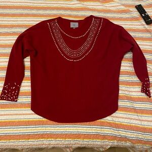 LIV Milano Red Sweater Women Size Large with Rhinestones Faux Pearl